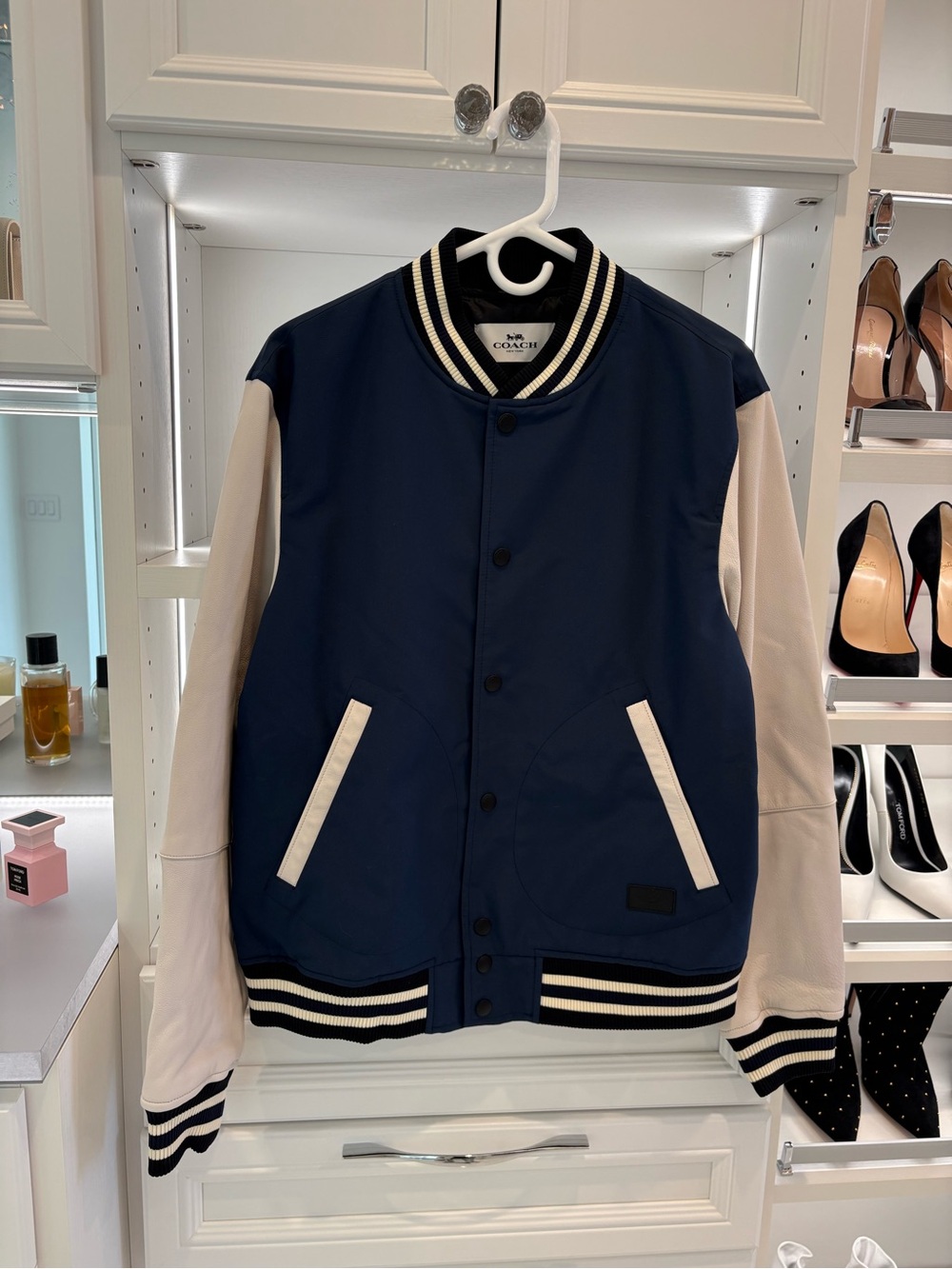 Men’s Coach Navy and Cream Varsity Bomber Jacket NWT